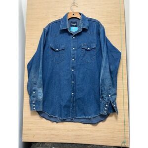 Wrangler Denim Western Shirt Blue Long Sleeve Pearl Snap Size M